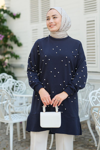 Boncuk Detay Tunik  Lacivert