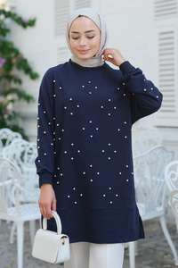 Boncuk Detay Tunik  Lacivert