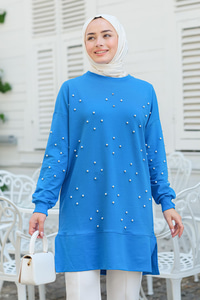 Boncuk Detay Tunik  Mavi