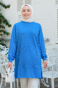 Boncuk Detay Tunik  Mavi