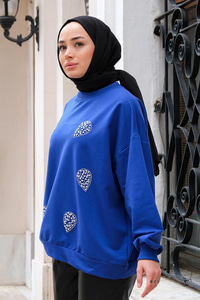 Boncuk İşlemeli Bisiklet Yaka Sweatshirt Saks Mavi