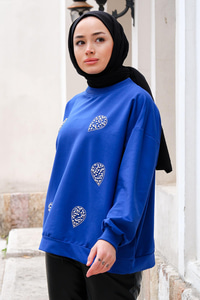 Boncuk İşlemeli Bisiklet Yaka Sweatshirt Saks Mavi