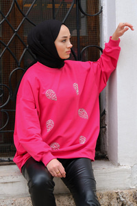 Boncuk İşlemeli Bisiklet Yaka Sweatshirt Fuşya