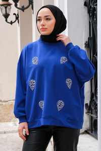 Boncuk İşlemeli Bisiklet Yaka Sweatshirt Saks Mavi
