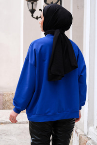 Boncuk İşlemeli Bisiklet Yaka Sweatshirt Saks Mavi