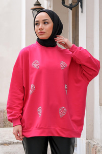 Boncuk İşlemeli Bisiklet Yaka Sweatshirt Fuşya