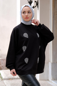 Boncuk İşlemeli Bisiklet Yaka Sweatshirt Siyah