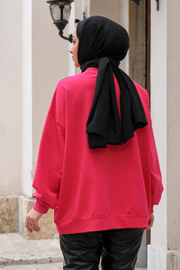 Boncuk İşlemeli Bisiklet Yaka Sweatshirt Fuşya