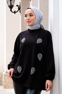 Boncuk İşlemeli Bisiklet Yaka Sweatshirt Siyah