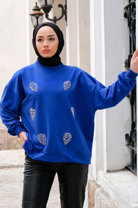 Boncuk İşlemeli Bisiklet Yaka Sweatshirt Saks Mavi