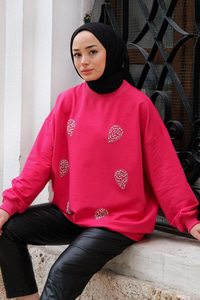 Boncuk İşlemeli Bisiklet Yaka Sweatshirt Fuşya