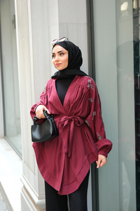 Boncuk İşlemeli Ceket Bordo