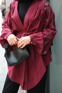 Boncuk İşlemeli Ceket Bordo