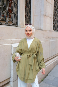 Boncuk İşlemeli Ceket Haki Yeşil