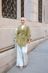 Boncuk İşlemeli Ceket Haki Yeşil