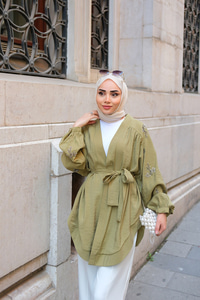 Boncuk İşlemeli Ceket Haki Yeşil