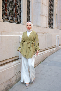 Boncuk İşlemeli Ceket Haki Yeşil