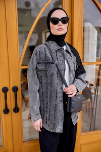 Boncuk İşlemeli Jean Ceket  Antrasit