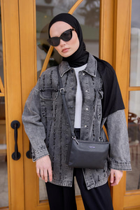 Boncuk İşlemeli Jean Ceket  Antrasit