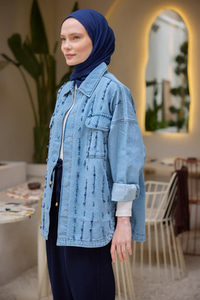 Boncuk İşlemeli Jean Ceket  Buz Mavi