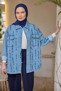 Boncuk İşlemeli Jean Ceket  Buz Mavi