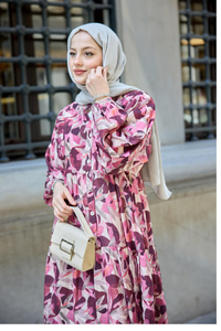 Botanik Desen Elbise Fuşya