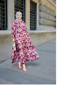 Botanik Desen Elbise Fuşya