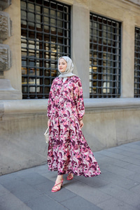 Botanik Desen Elbise Fuşya