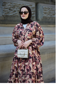 Botanik Desen Elbise Kahverengi