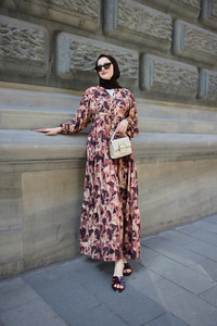 Botanik Desen Elbise Kahverengi