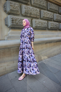 Botanik Desen Elbise Mor