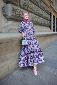 Botanik Desen Elbise Mor