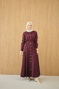 Boydan Düğmeli Kemerli Elbise Bordo