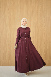Boydan Düğmeli Kemerli Elbise Bordo