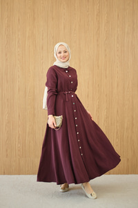 Boydan Düğmeli Kemerli Elbise Bordo
