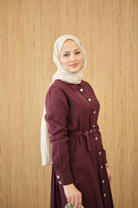 Boydan Düğmeli Kemerli Elbise Bordo