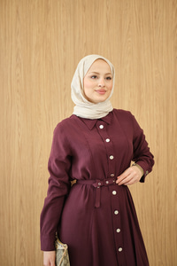 Boydan Düğmeli Kemerli Elbise Bordo