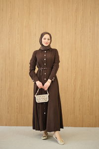 Boydan Düğmeli Kemerli Elbise Kahverengi