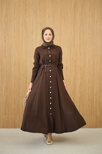 Boydan Düğmeli Kemerli Elbise Kahverengi