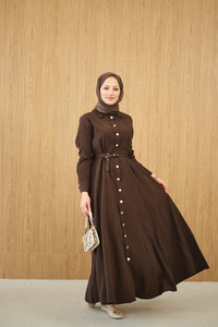 Boydan Düğmeli Kemerli Elbise Kahverengi