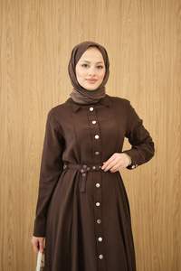 Boydan Düğmeli Kemerli Elbise Kahverengi