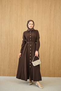 Boydan Düğmeli Kemerli Elbise Kahverengi