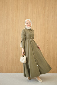 Boydan Düğmeli Kemerli Elbise Küf Yeşil