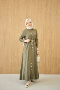 Boydan Düğmeli Kemerli Elbise Küf Yeşil