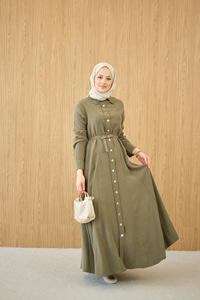 Boydan Düğmeli Kemerli Elbise Küf Yeşil