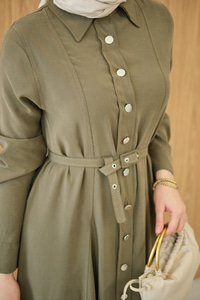 Boydan Düğmeli Kemerli Elbise Küf Yeşil