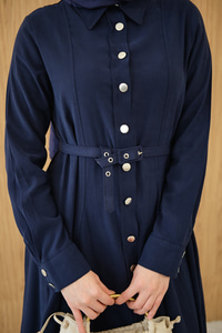 Boydan Düğmeli Kemerli Elbise Lacivert