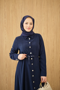 Boydan Düğmeli Kemerli Elbise Lacivert