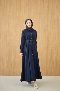 Boydan Düğmeli Kemerli Elbise Lacivert