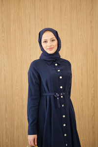 Boydan Düğmeli Kemerli Elbise Lacivert